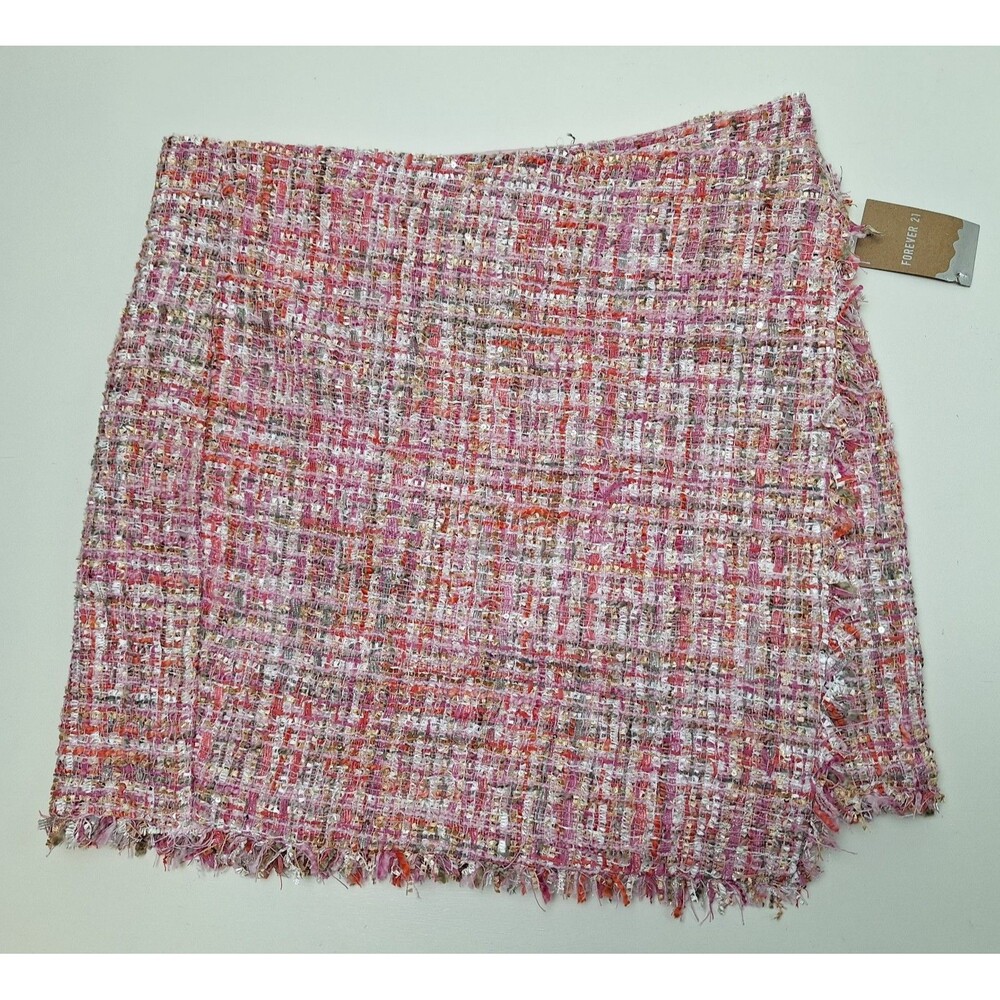 Forever 21 Faux Wrap Mini Skirt Pink Multi Plaid Sequins Fringe Lined  Sz L NWT